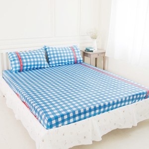 【奶油獅】格紋系列-100%精梳純棉床包三件組-藍(雙人加大6尺)