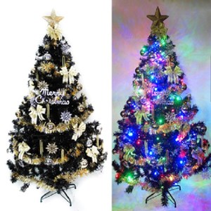 【摩達客】台製5尺豪華版黑色聖誕樹(金銀色系配件+100燈LED燈彩光2串)附跳機控制器