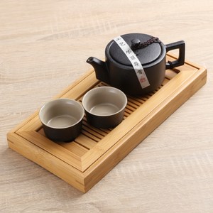 黑釉汝窯一壺二杯茶具組附竹茶盤