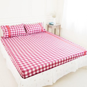 【奶油獅】格紋系列-100%精梳純棉床包三件組-紅(雙人加大6尺)